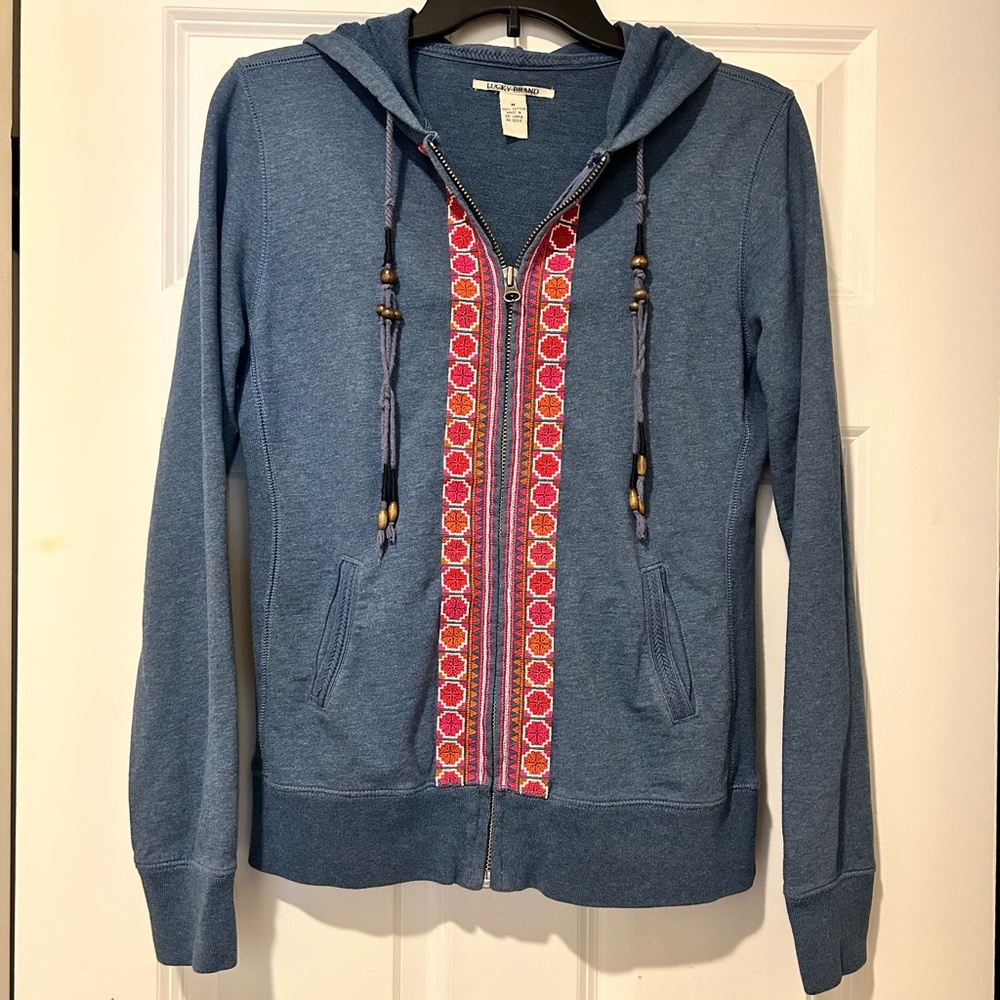 Lucky Brand Blue Zip Hoodie with Pink & Orange Embroidered Trim & Beaded String - Picture 14 of 16